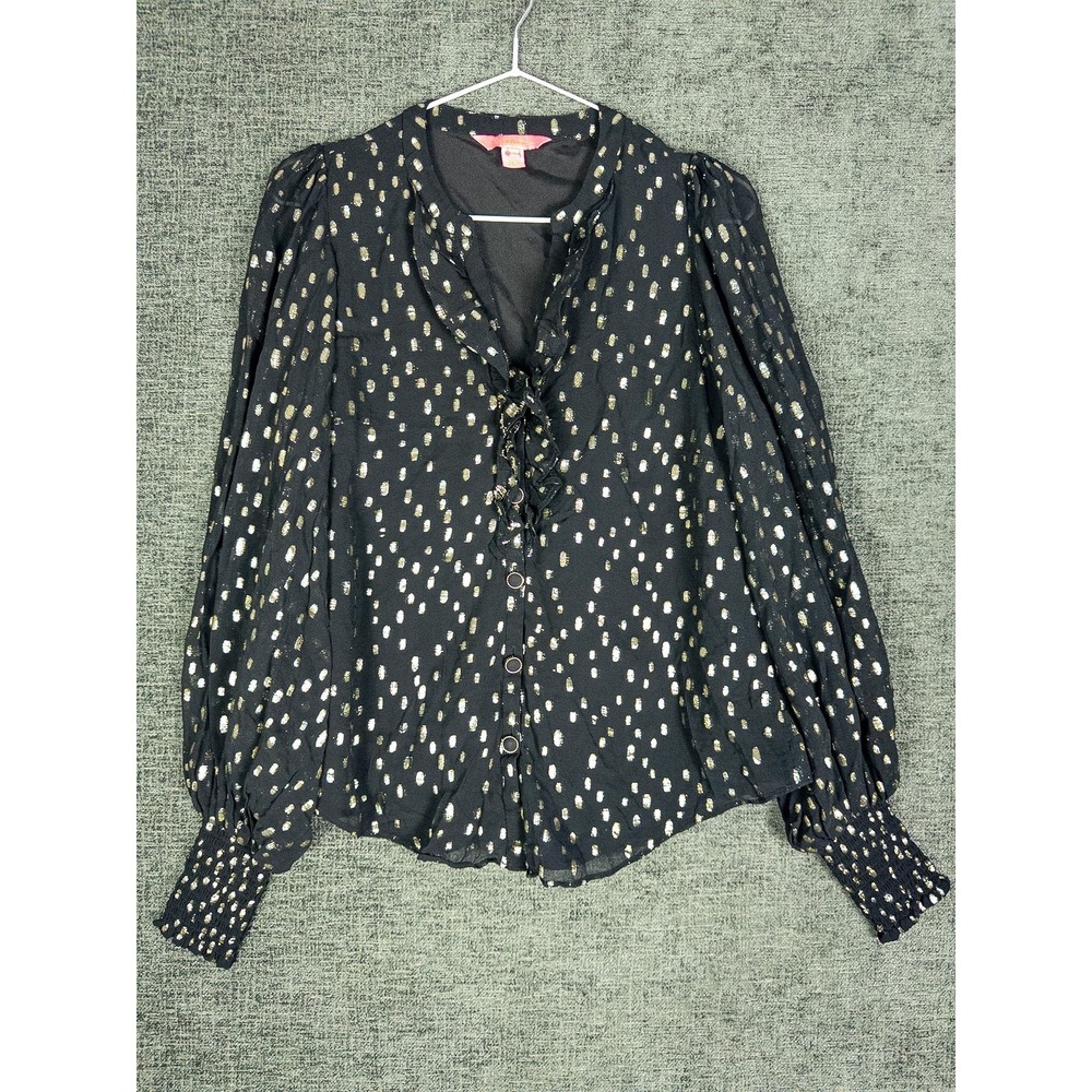 Lilly Pulitzer Ruffle V-Neck Blouse Womens XS Black Gold Metallic Dot Viscose Bo